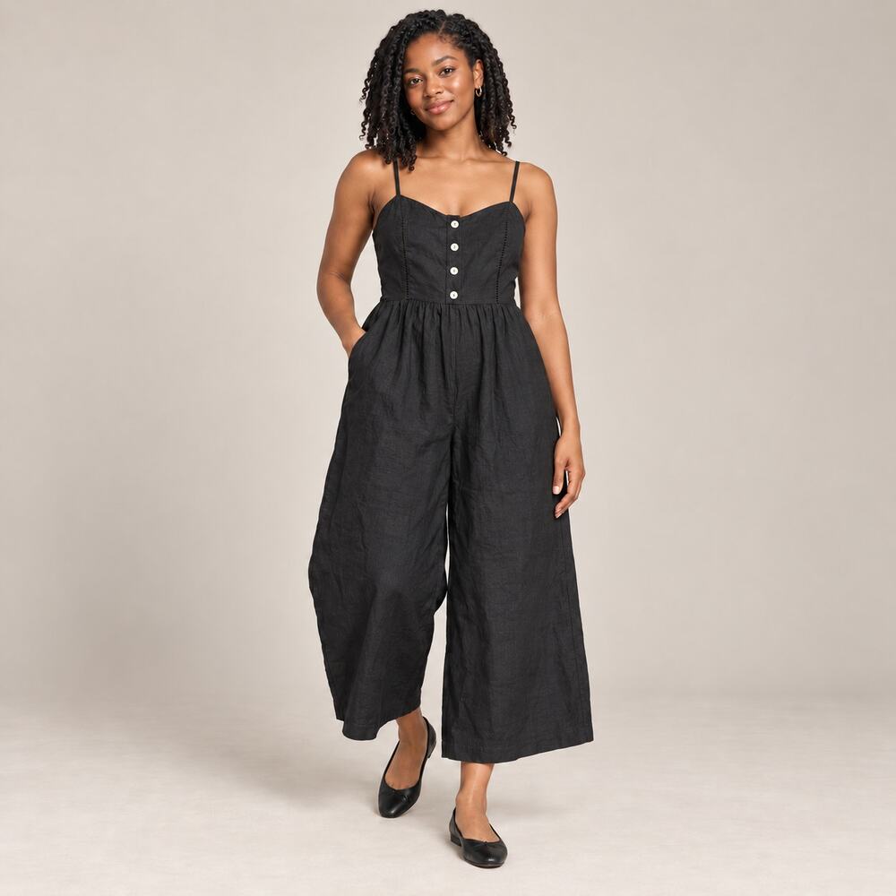 Madewell Jumpsuit WMNS 00 Black Linen Wide Leg Button Front Romantic Minimalist